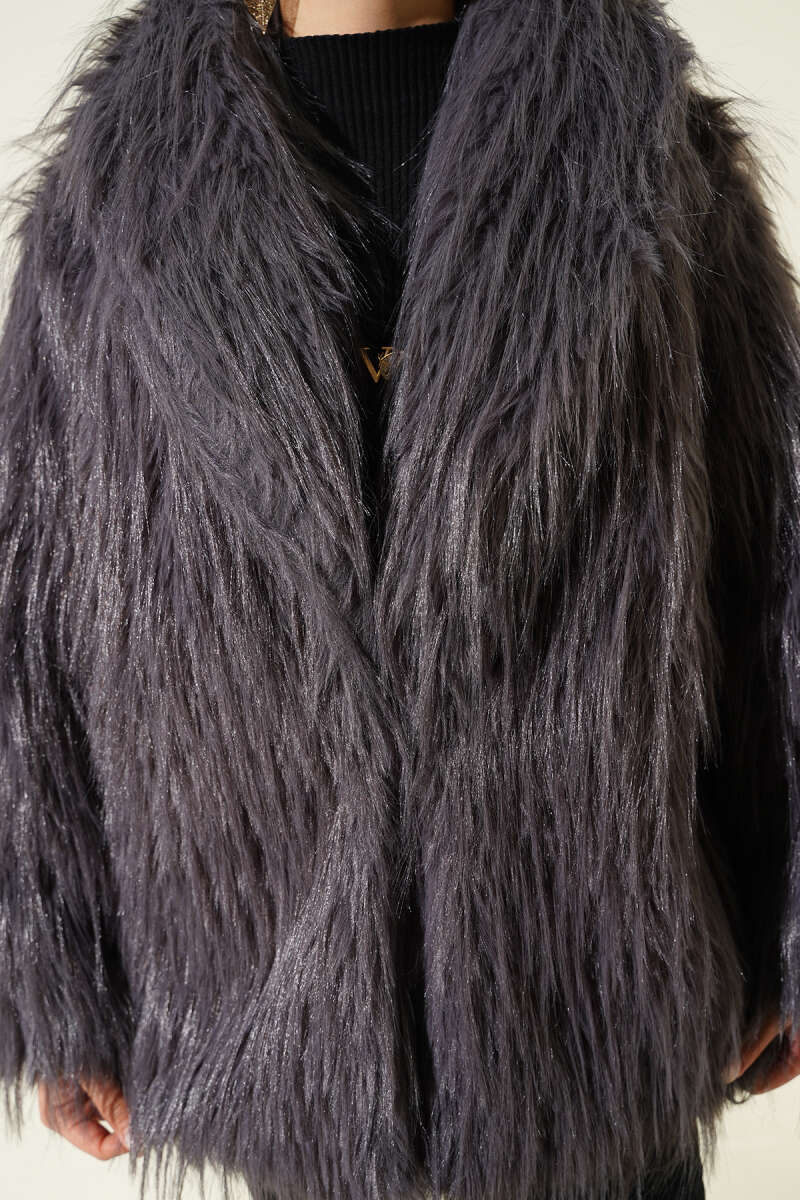 Wrap-Collar Coat with Faux Fur - Smoke Grey