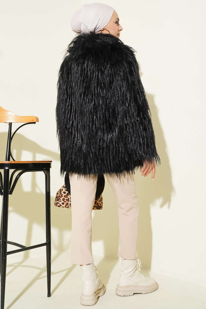Wrap-Collar Coat with Faux Fur - Black