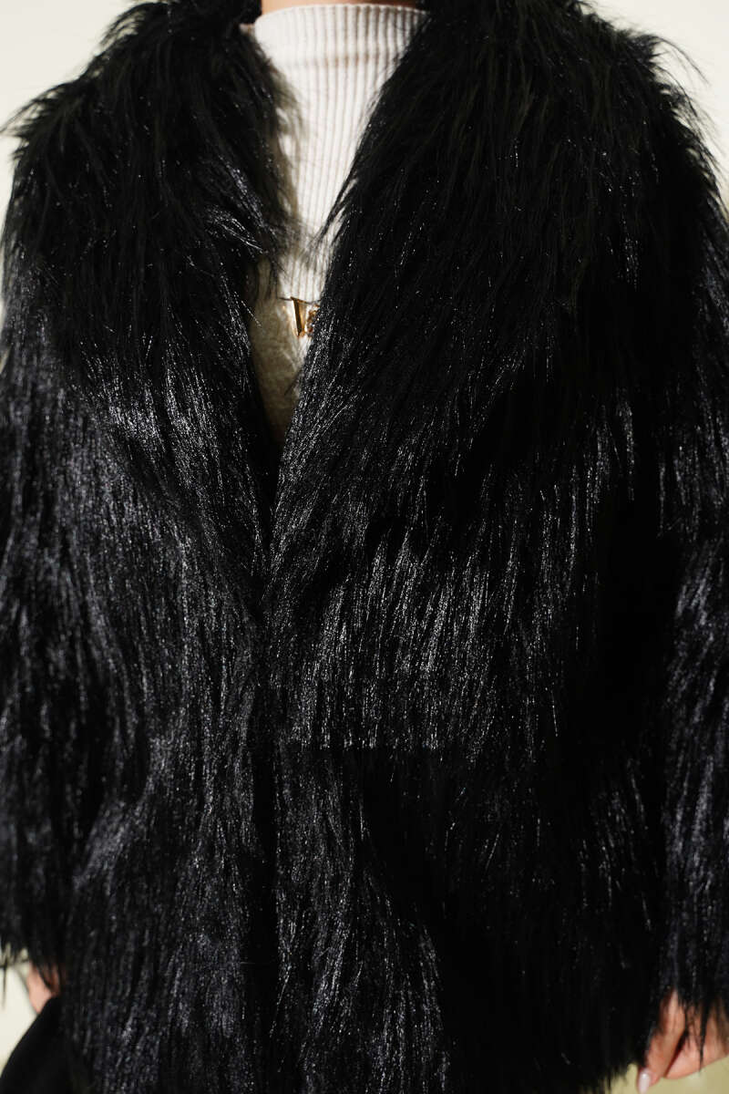 Wrap-Collar Coat with Faux Fur - Black