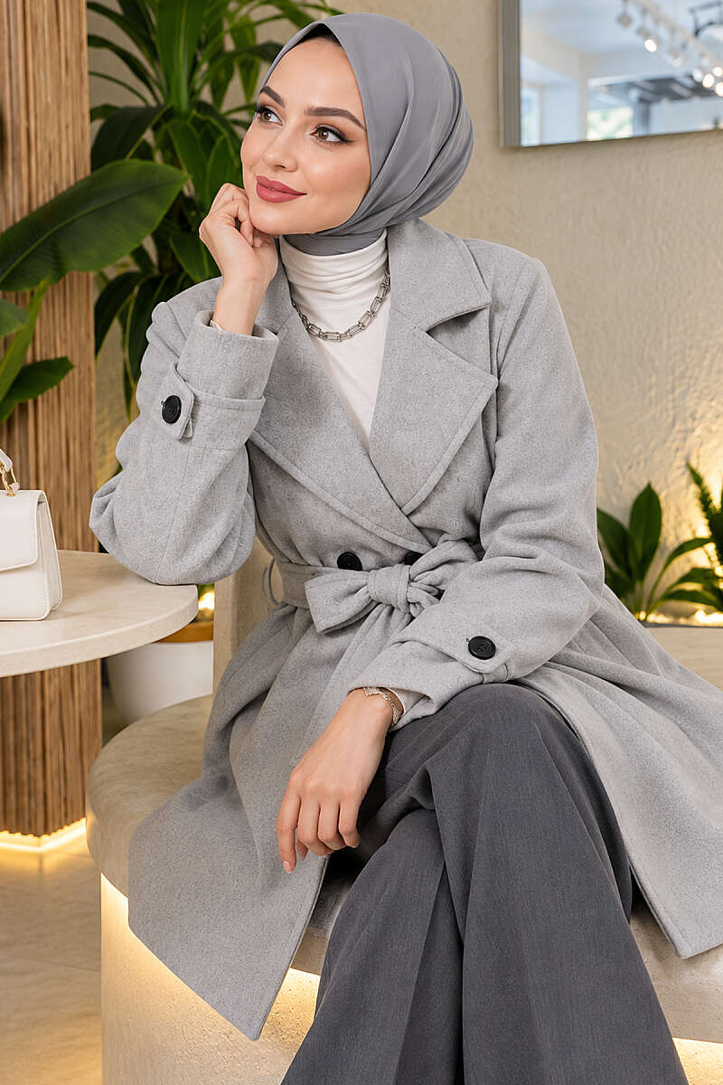 Short Double-Breasted Felt Coat with Belt Detail - Grey