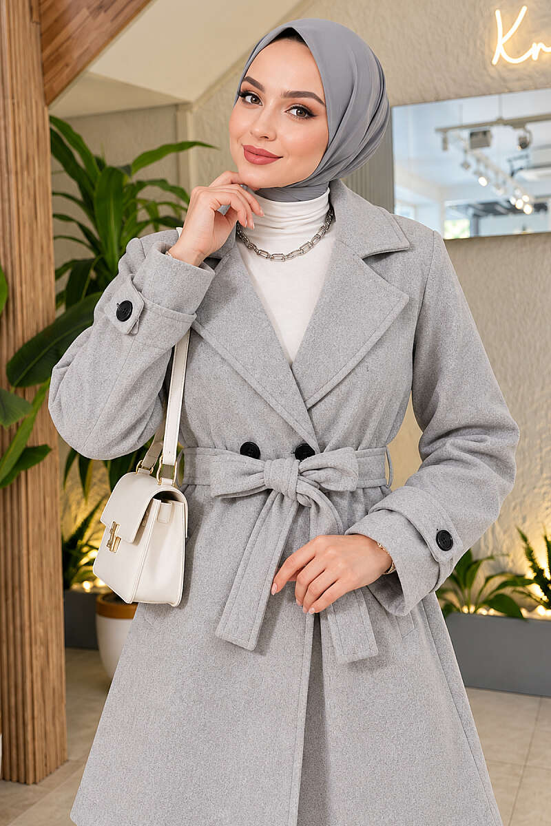 Short Double-Breasted Felt Coat with Belt Detail - Grey