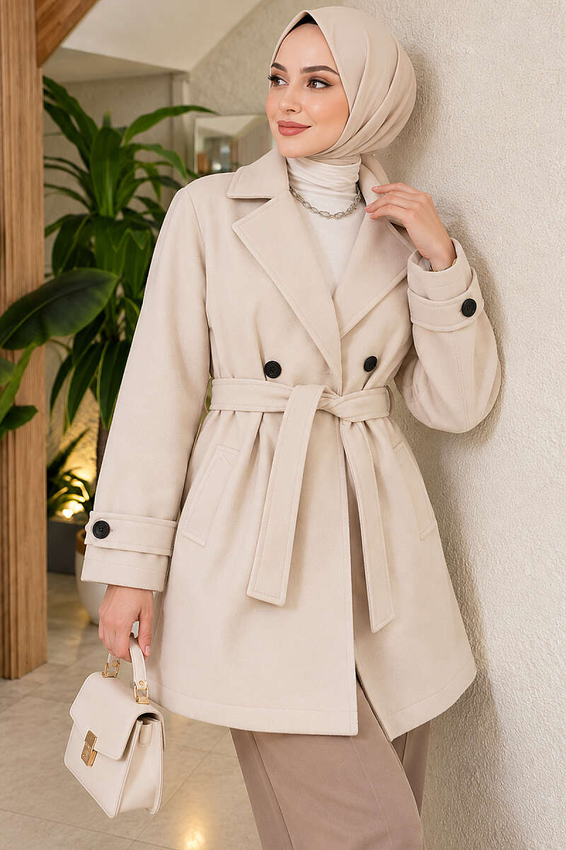 Short Double-Breasted Felt Coat with Belt Detail - Stone