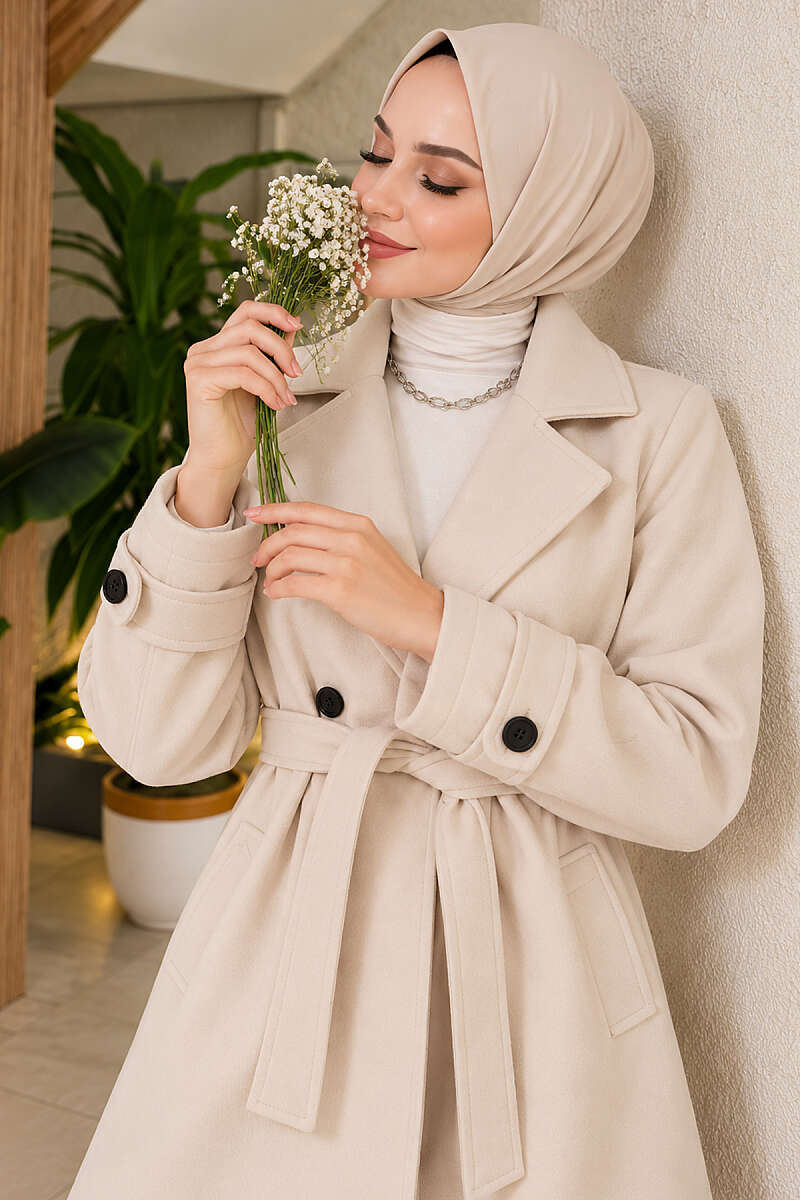 Short Double-Breasted Felt Coat with Belt Detail - Stone