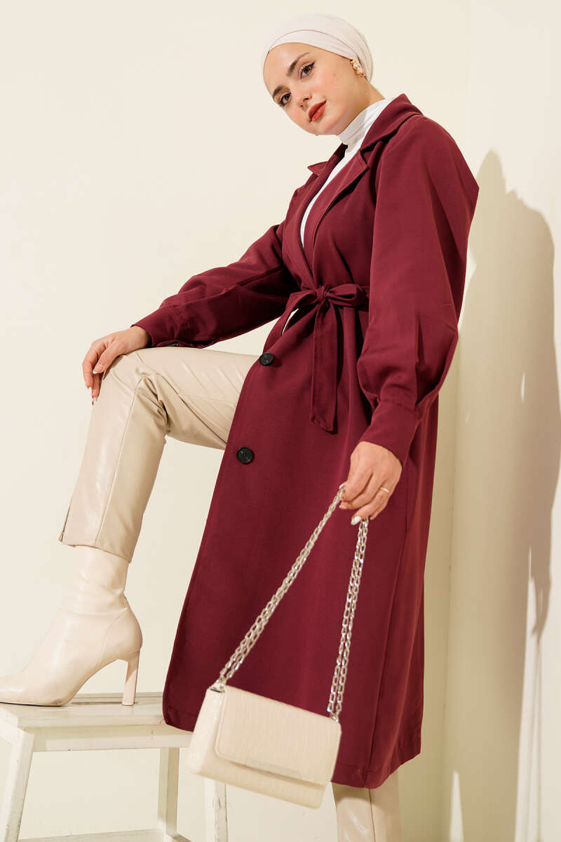 Wrap Trench Coat with Belt Detail - Burgundy