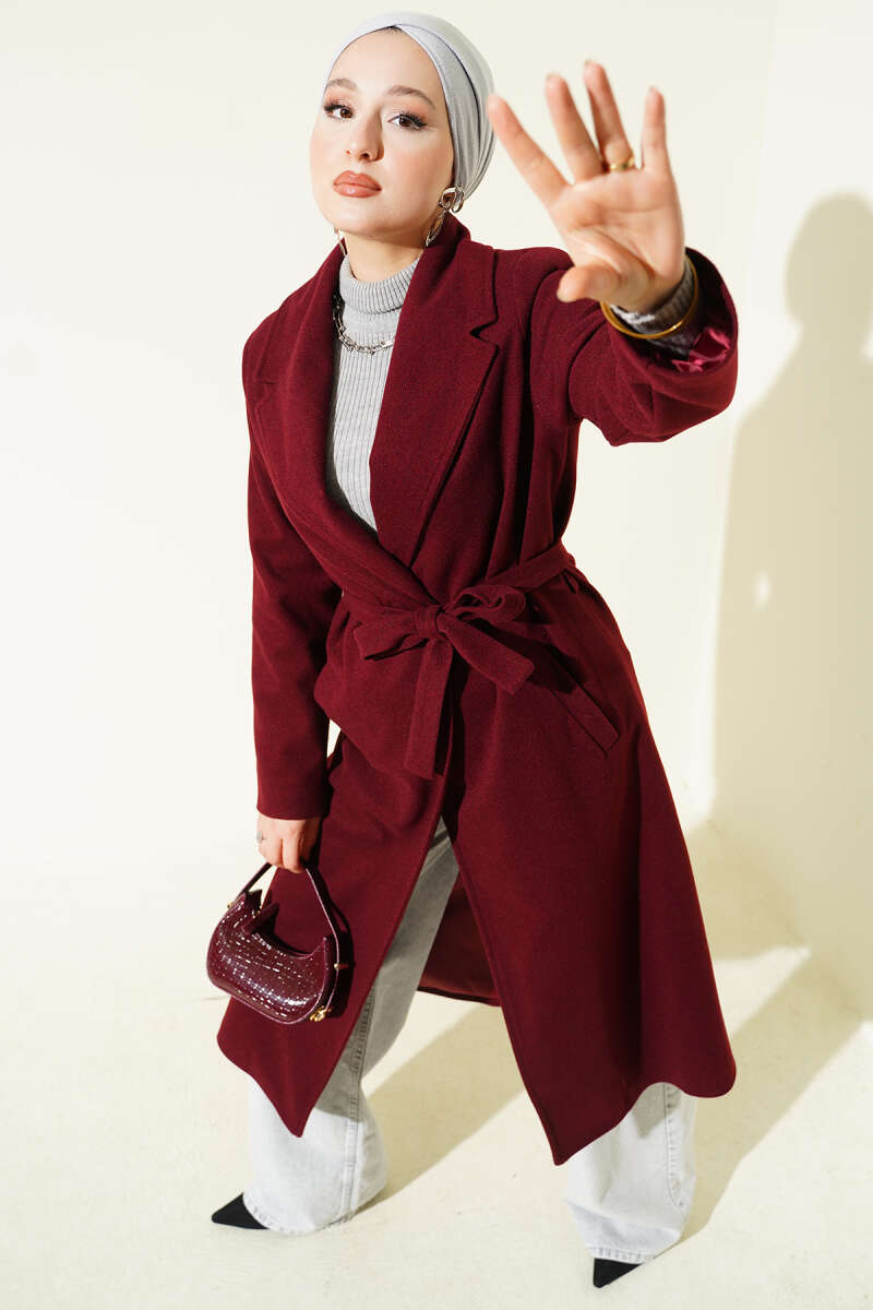 Lined Belted Double-Breasted Coat - Burgundy