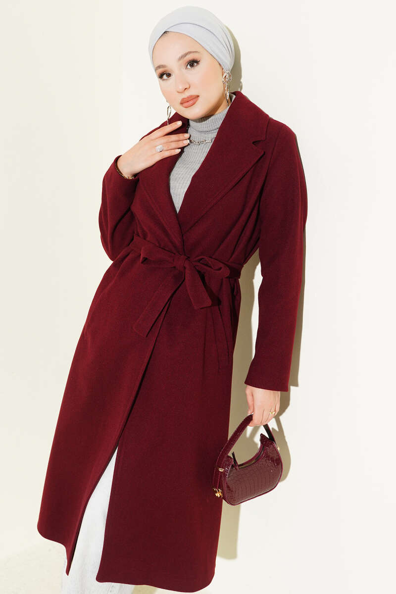 Lined Belted Double-Breasted Coat - Burgundy