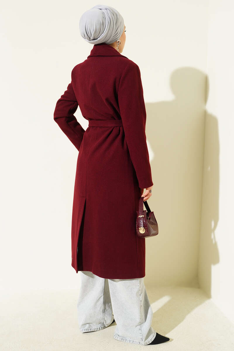 Lined Belted Double-Breasted Coat - Burgundy