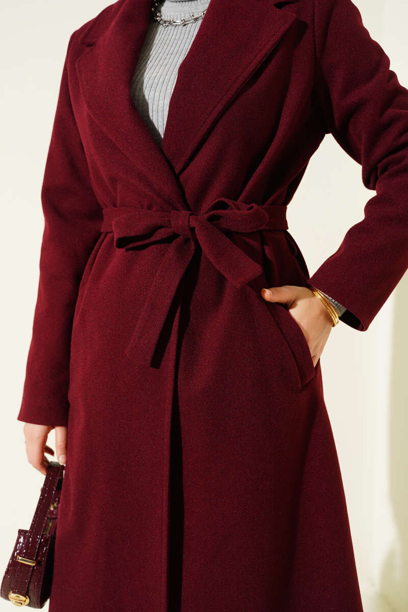 Lined Belted Double-Breasted Coat - Burgundy