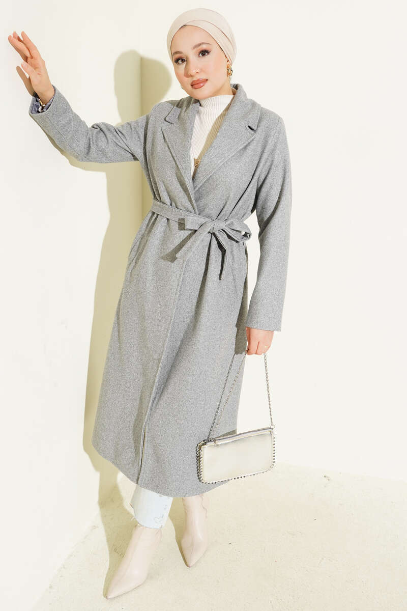Lined Belted Double-Breasted Coat - Grey
