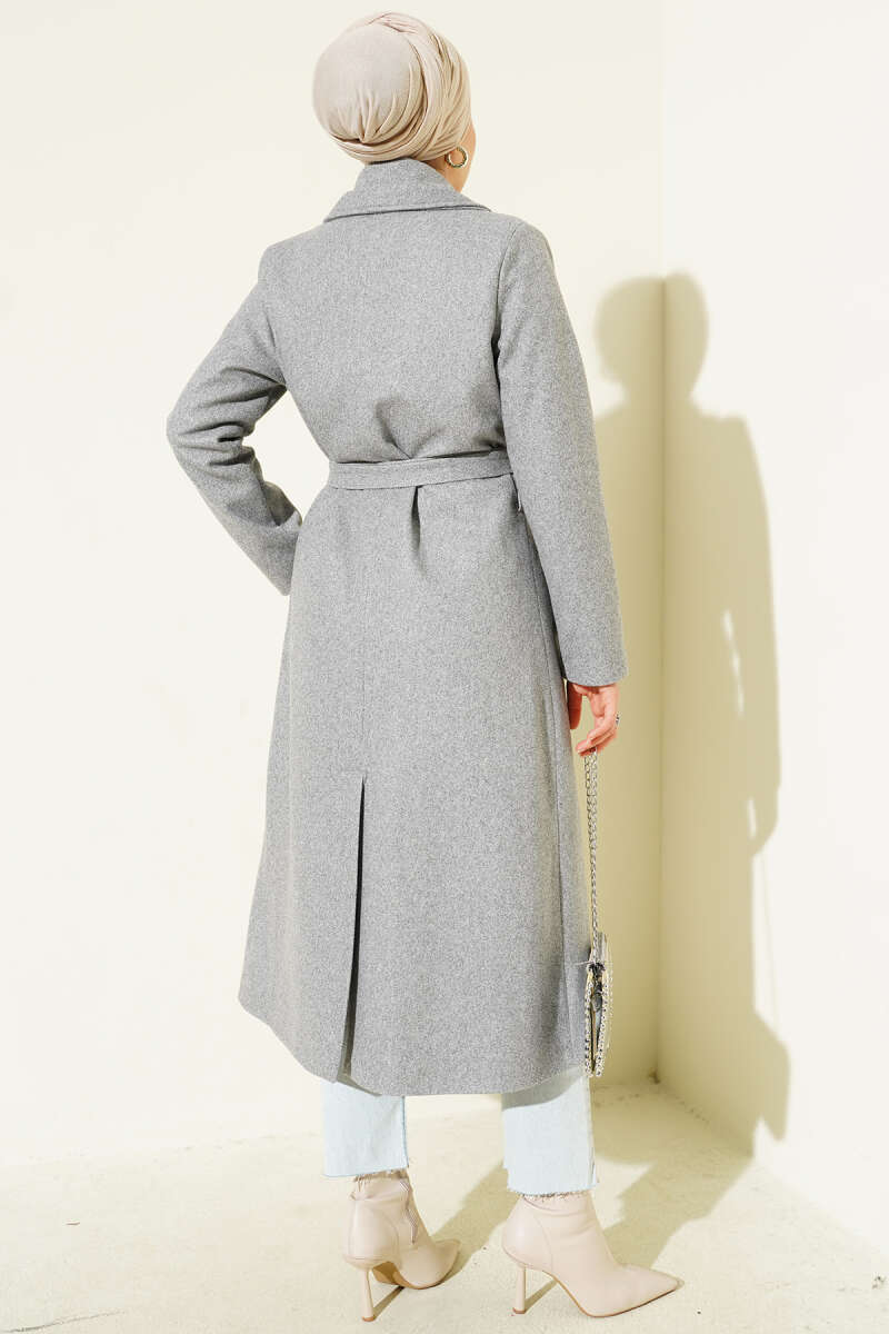 Lined Belted Double-Breasted Coat - Grey