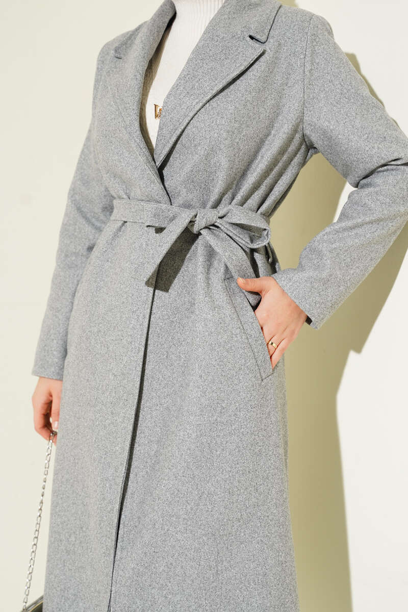 Lined Belted Double-Breasted Coat - Grey