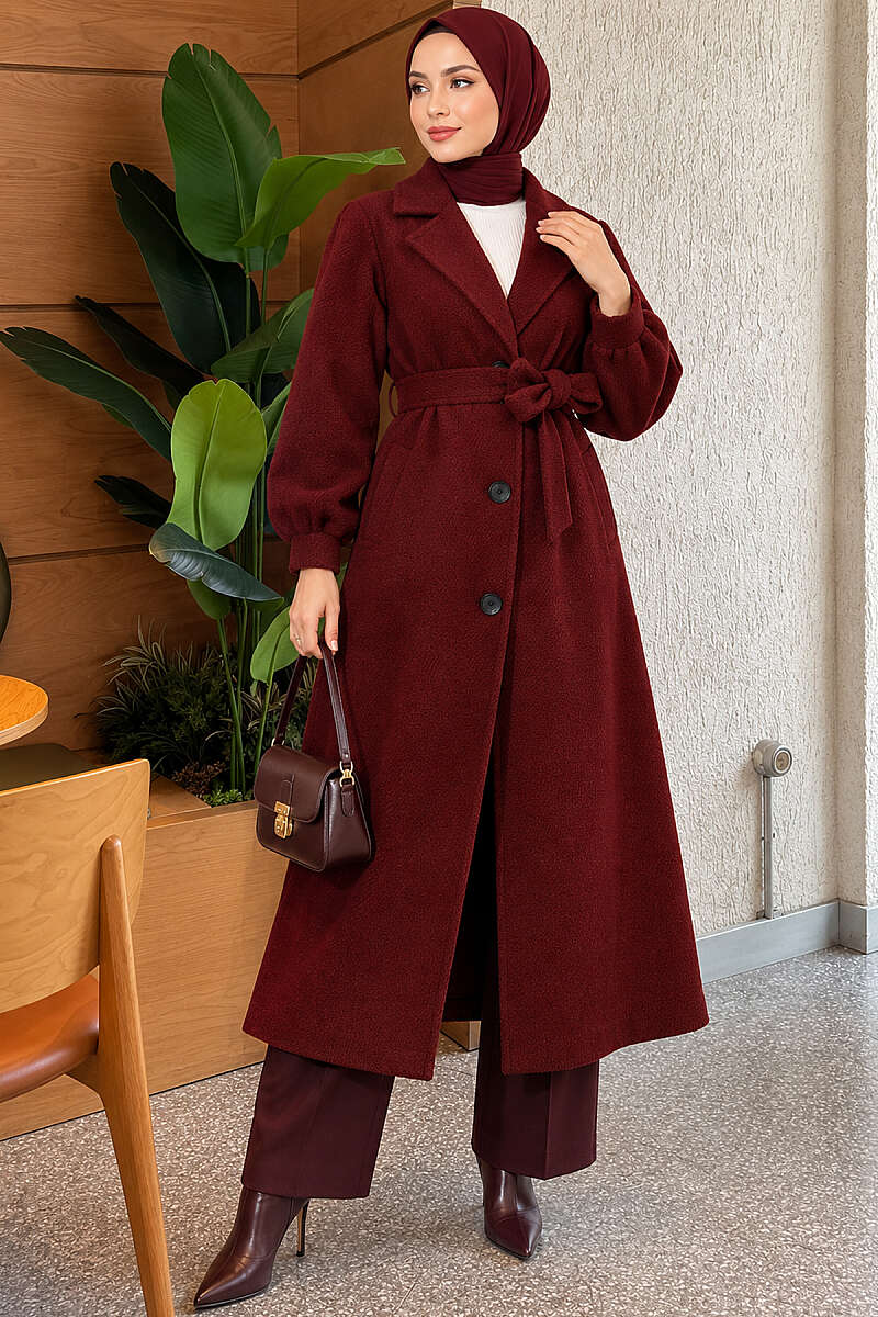 Belted Double-Breasted Lined Felt Coat - Burgundy