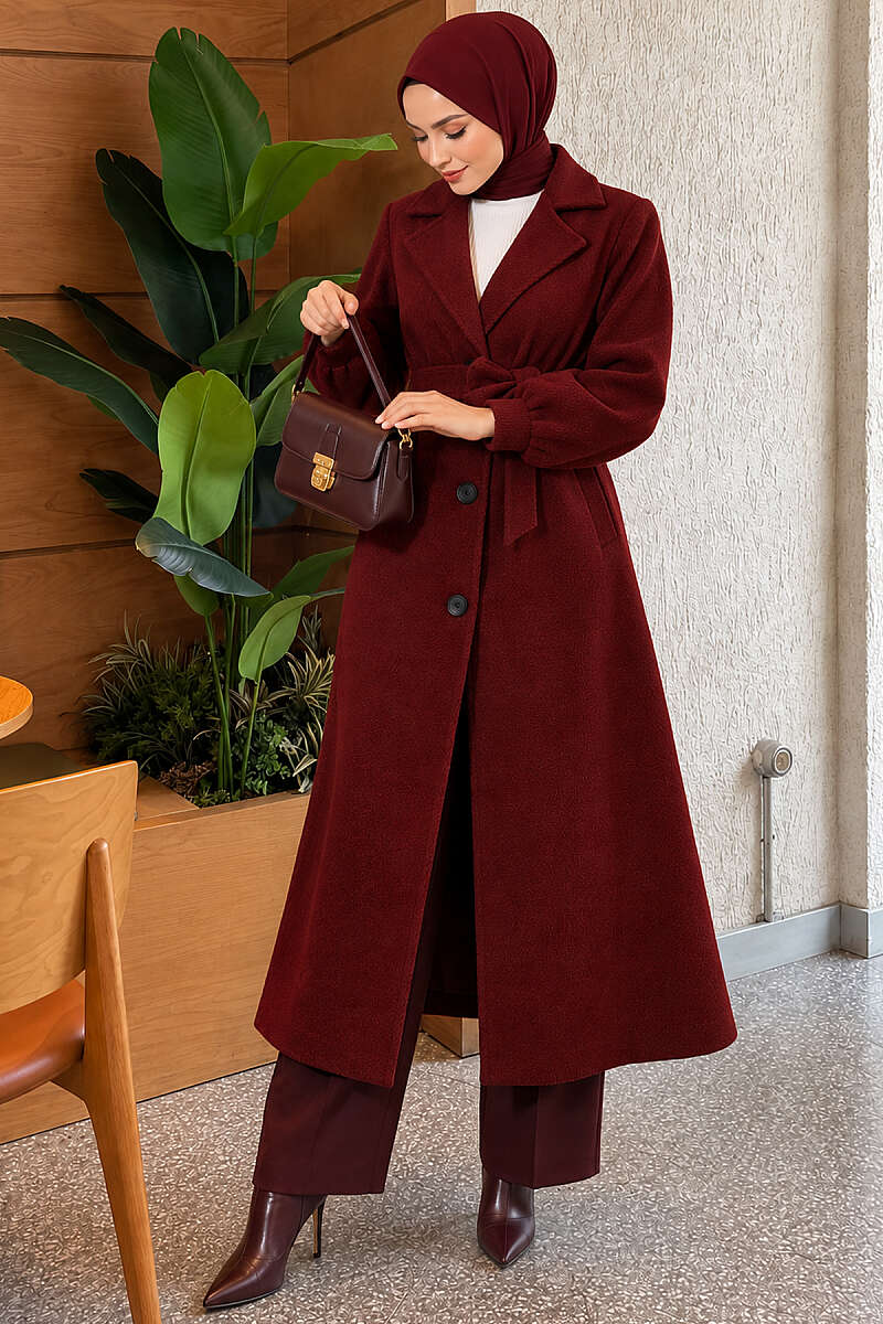 Belted Double-Breasted Lined Felt Coat - Burgundy