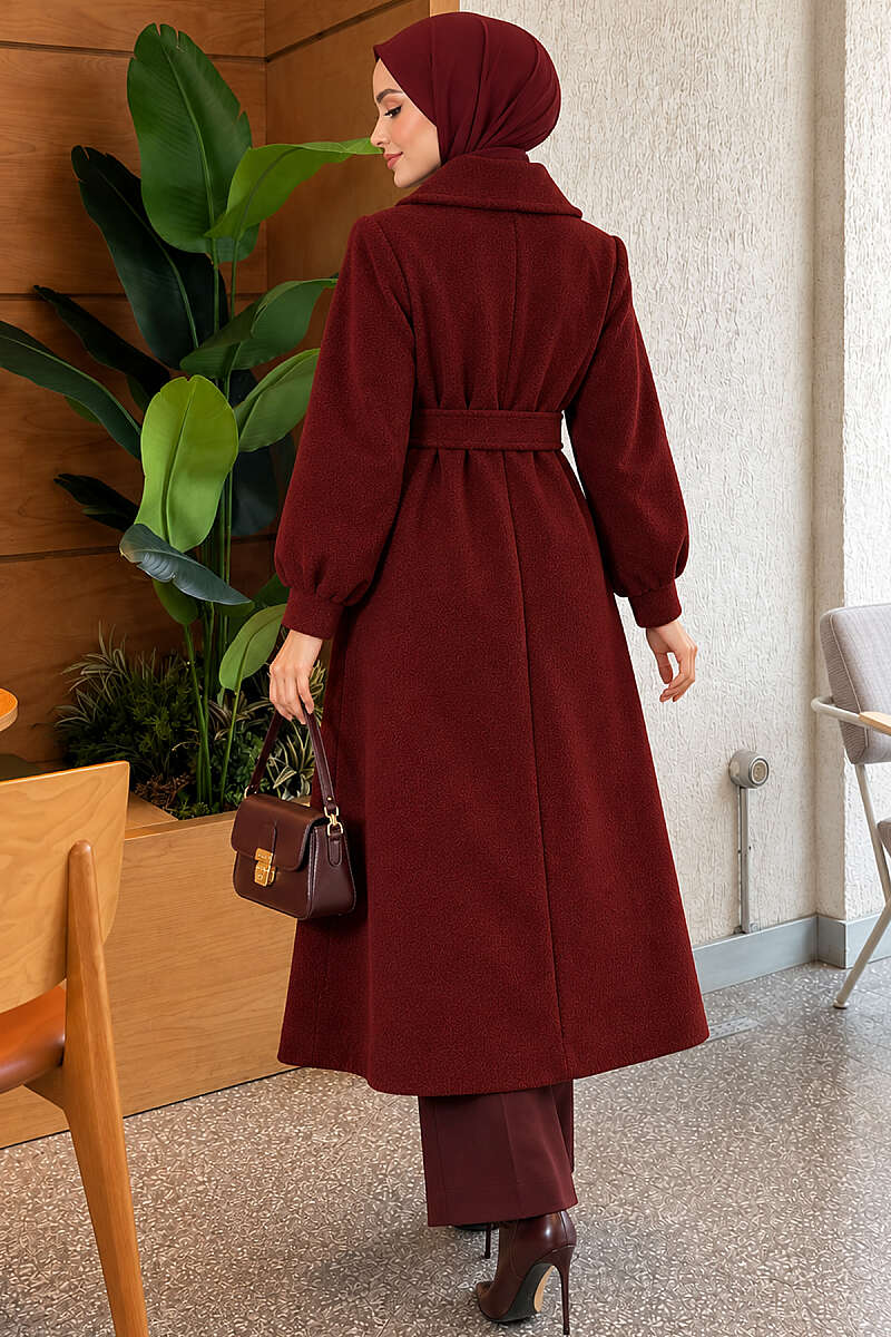 Belted Double-Breasted Lined Felt Coat - Burgundy