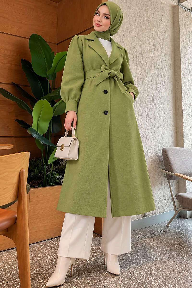 Belted Double-Breasted Lined Felt Coat - Almond Green