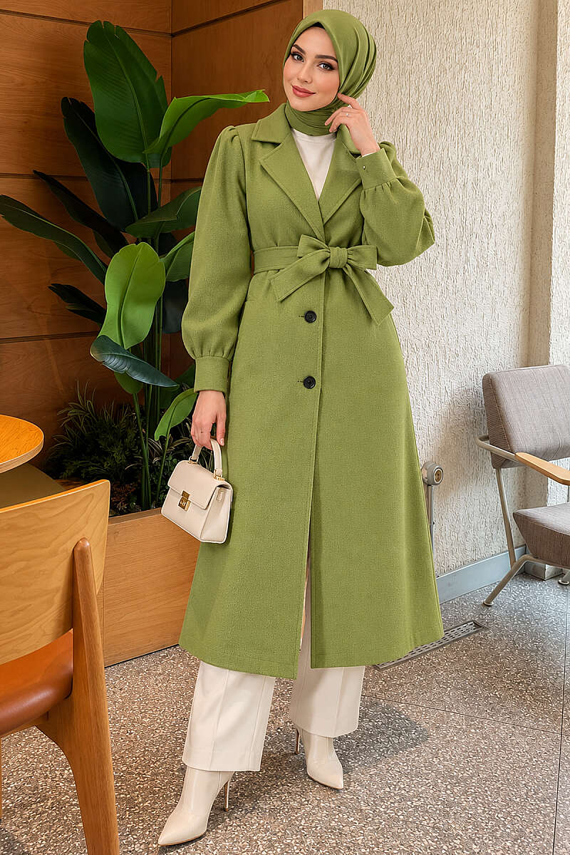Belted Double-Breasted Lined Felt Coat - Almond Green