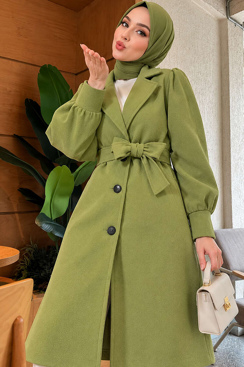 Belted Double-Breasted Lined Felt Coat - Almond Green