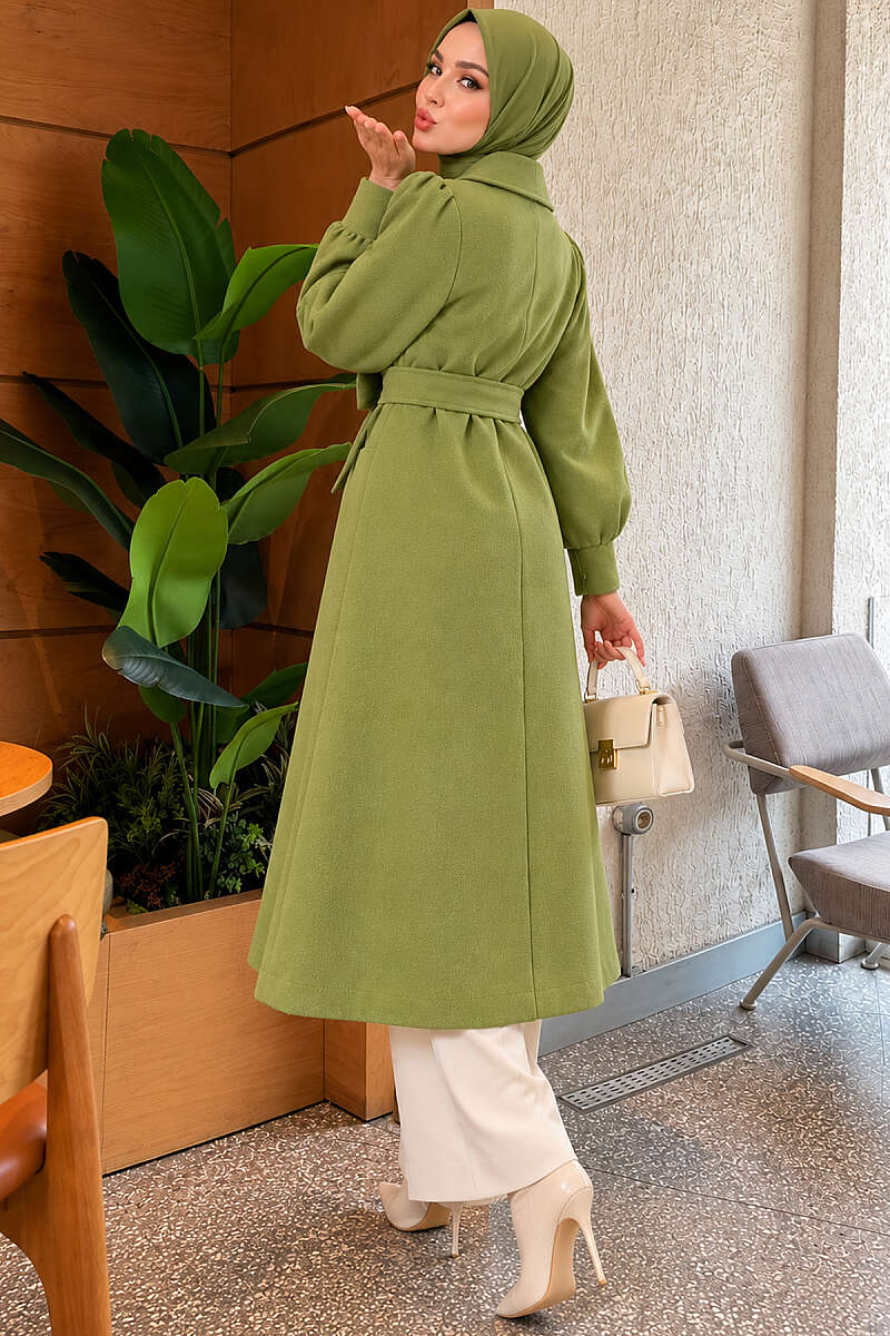 Belted Double-Breasted Lined Felt Coat - Almond Green