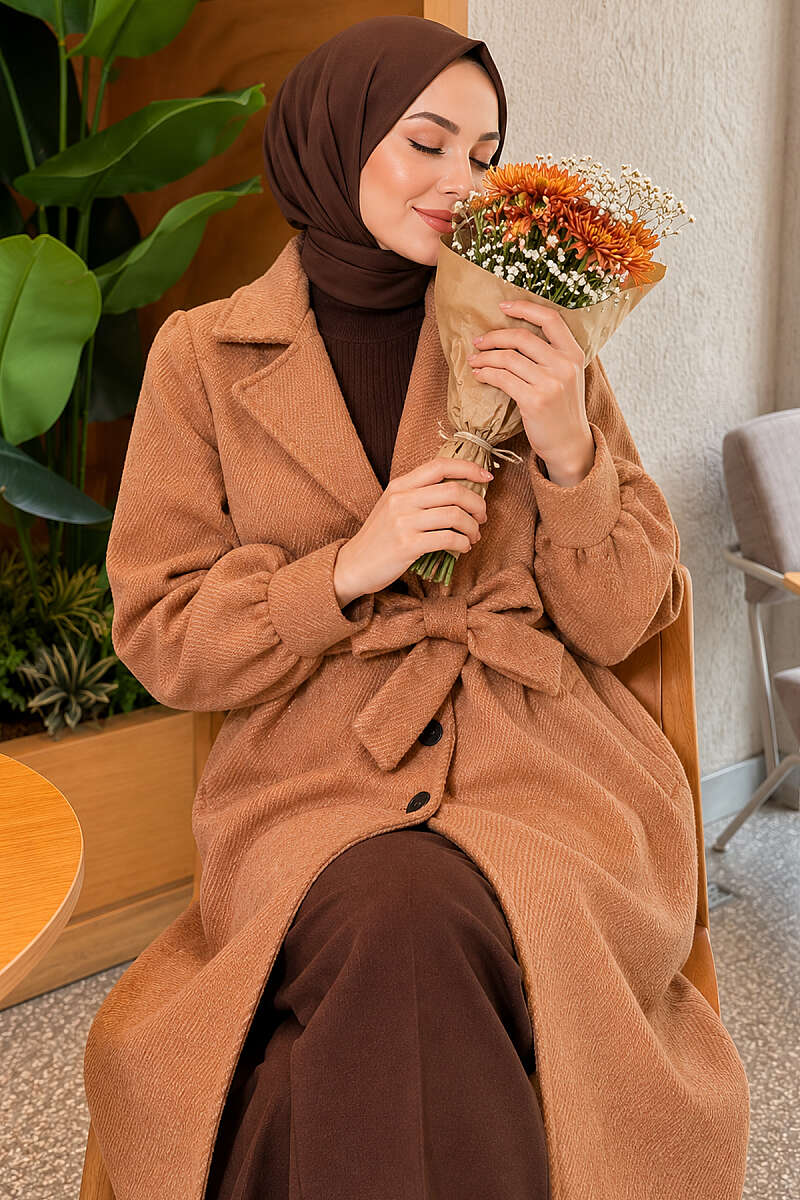 Belted Double-Breasted Lined Felt Coat - Camel