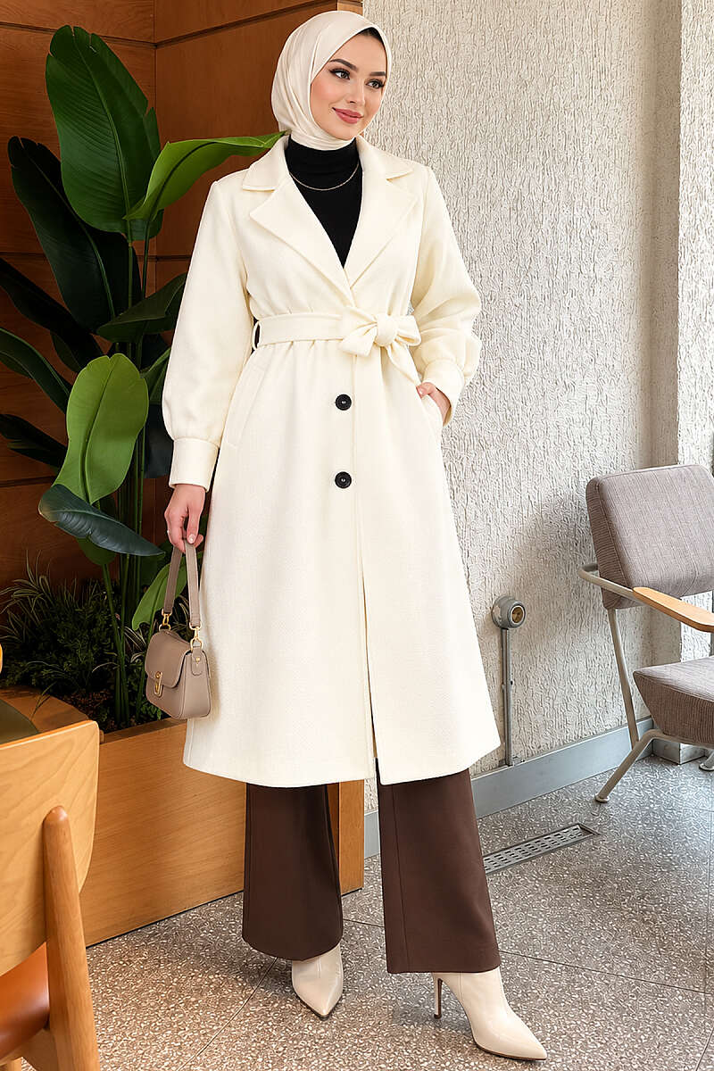 Belted Double-Breasted Lined Felt Coat - Ecru