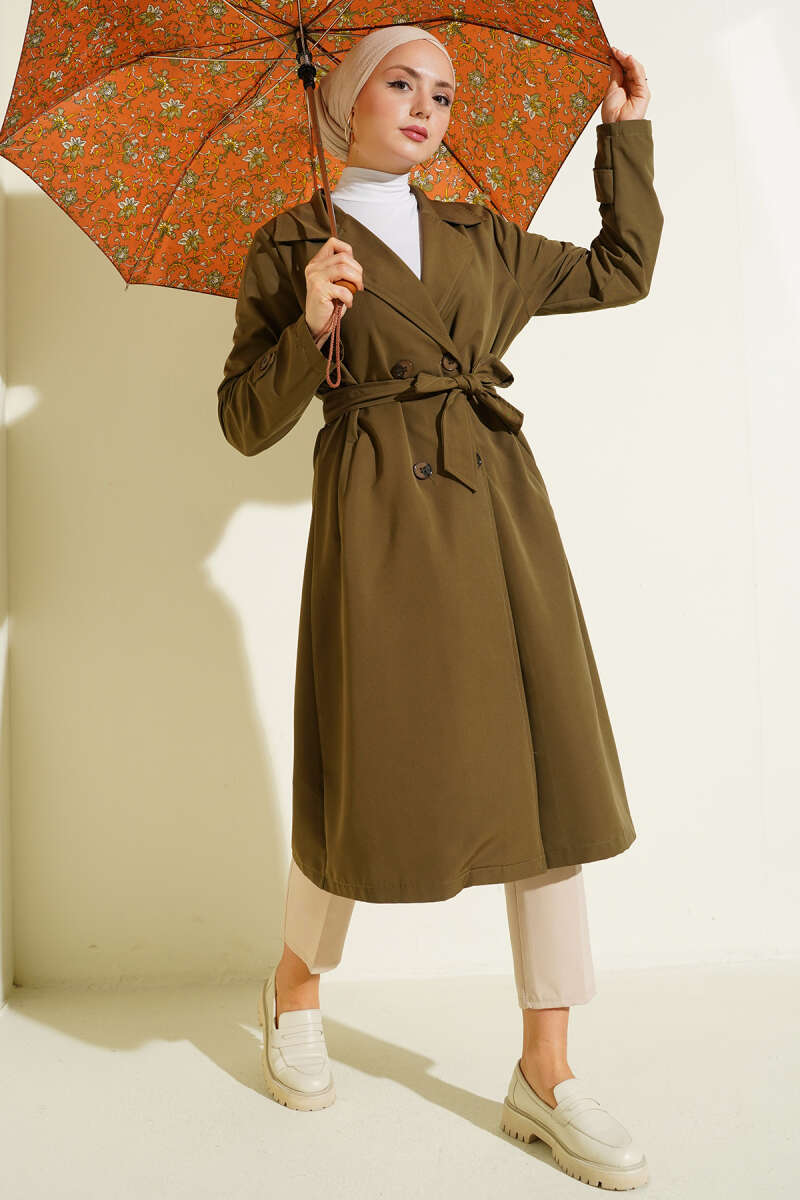 Belted Button Trench Coat with Wrap Collar - Khaki