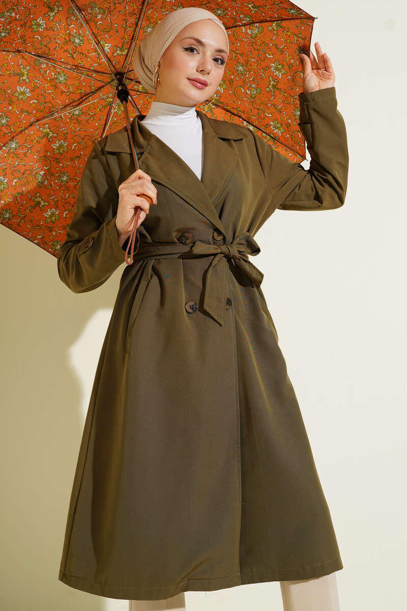 Belted Button Trench Coat with Wrap Collar - Khaki