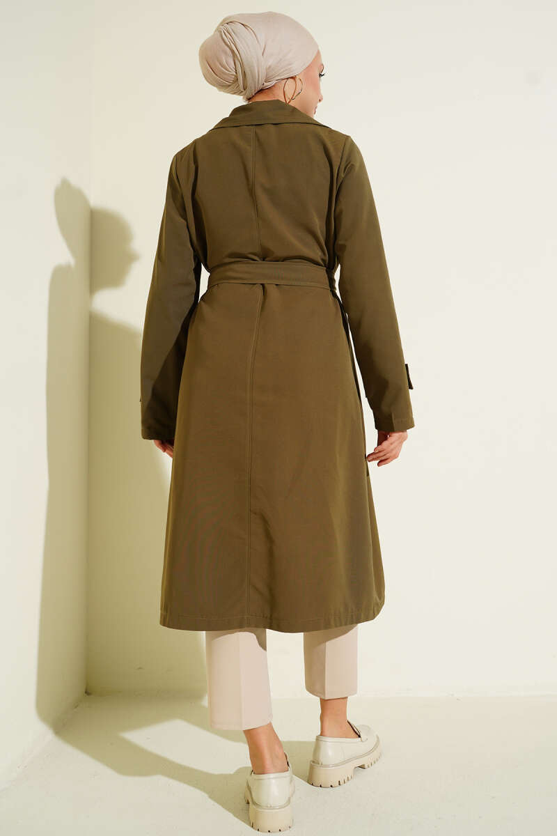 Belted Button Trench Coat with Wrap Collar - Khaki