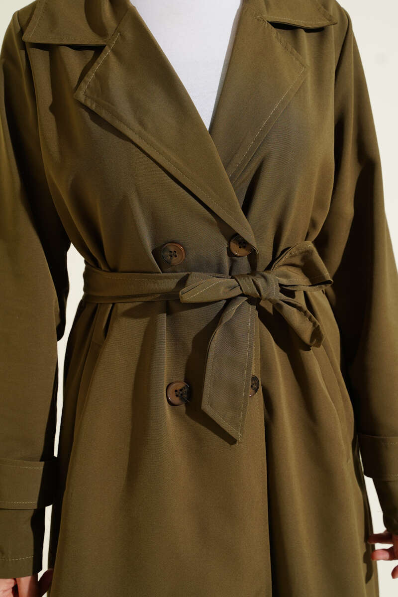Belted Button Trench Coat with Wrap Collar - Khaki