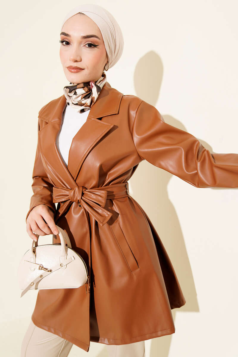 Short Belted Faux Leather Trench Coat - Tan