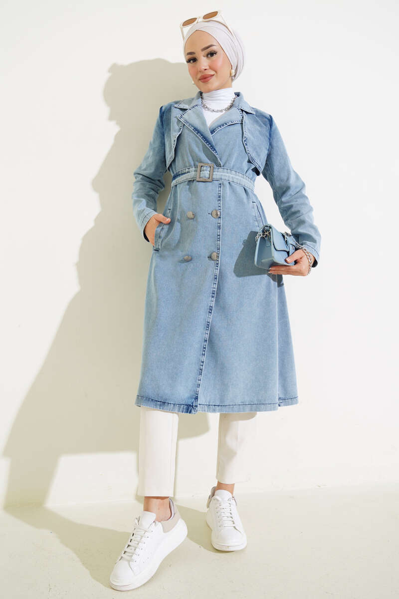 Belted Wrap Denim Trench Coat - Ice Blue