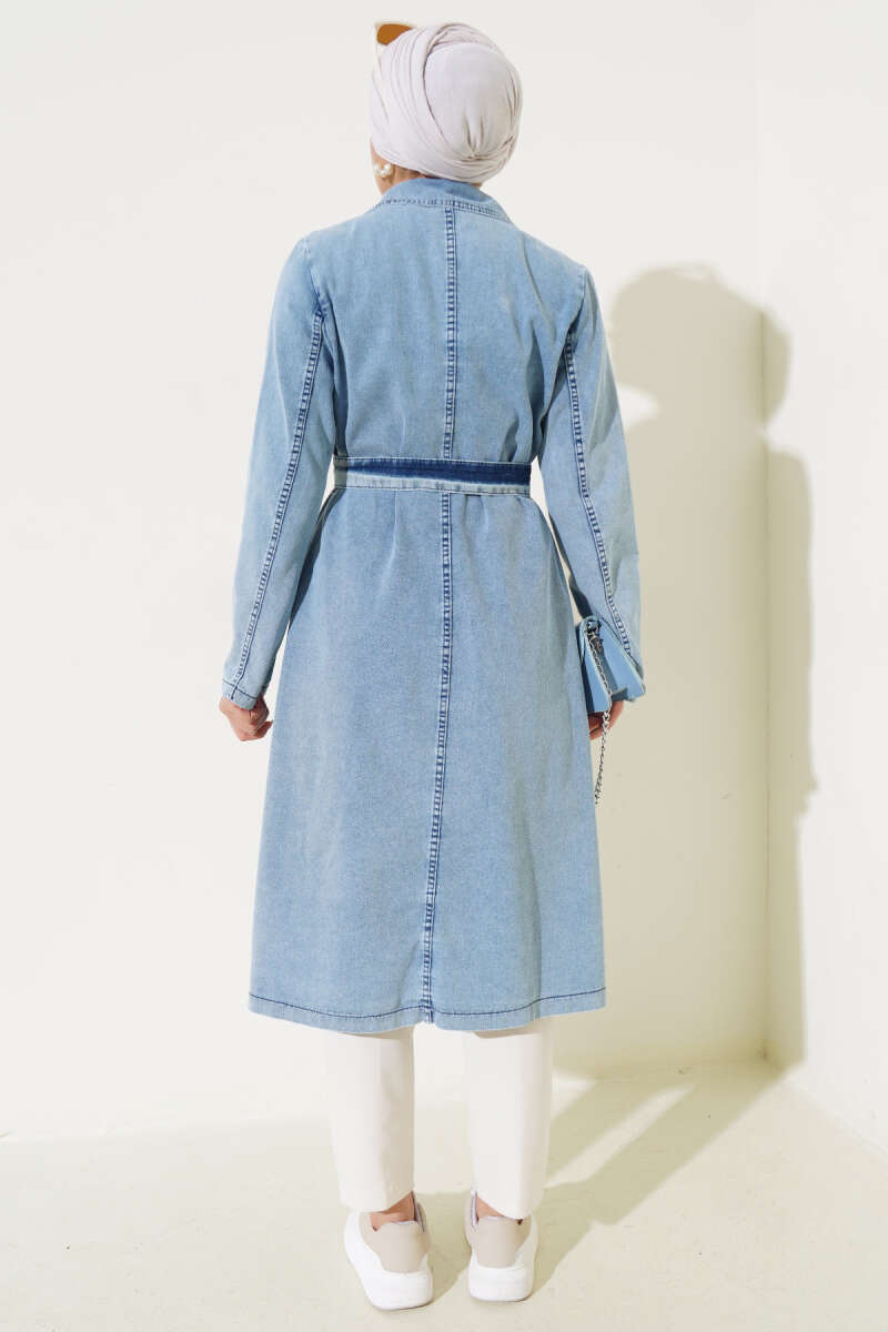 Belted Wrap Denim Trench Coat - Ice Blue
