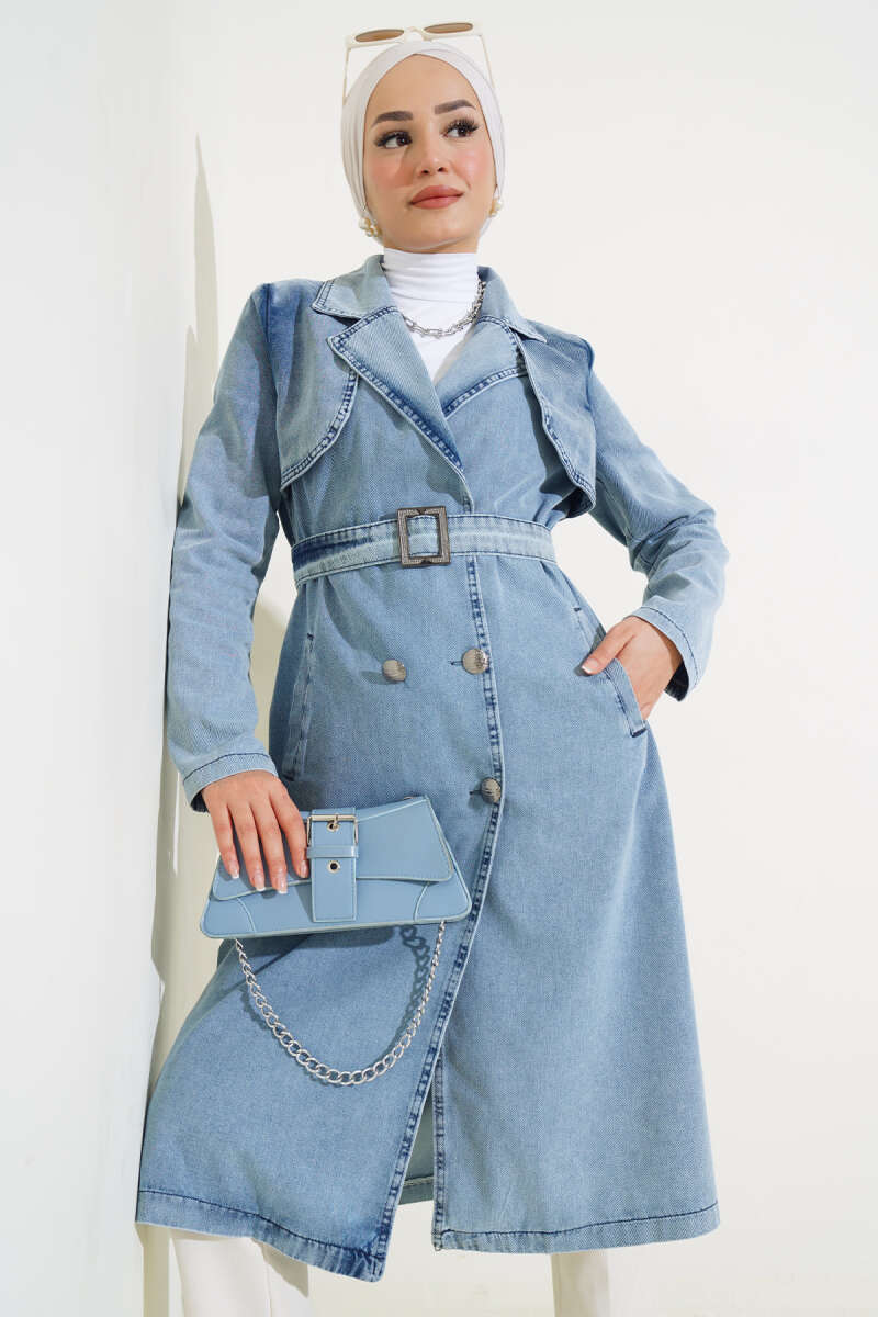 Belted Wrap Denim Trench Coat - Ice Blue