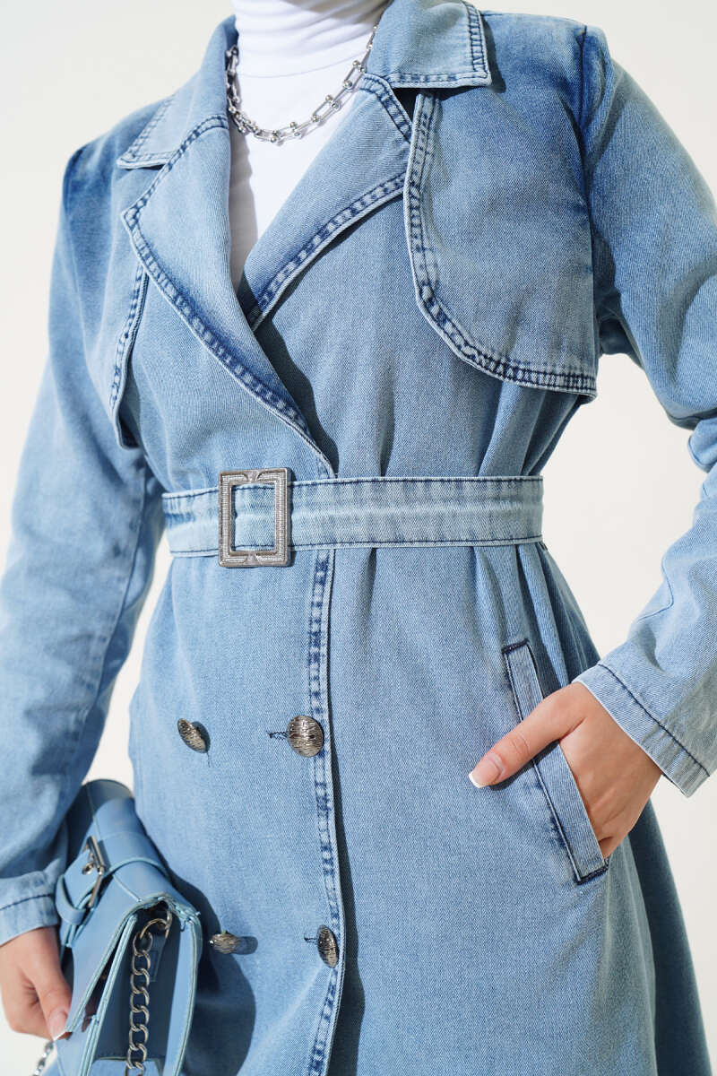 Belted Wrap Denim Trench Coat - Ice Blue