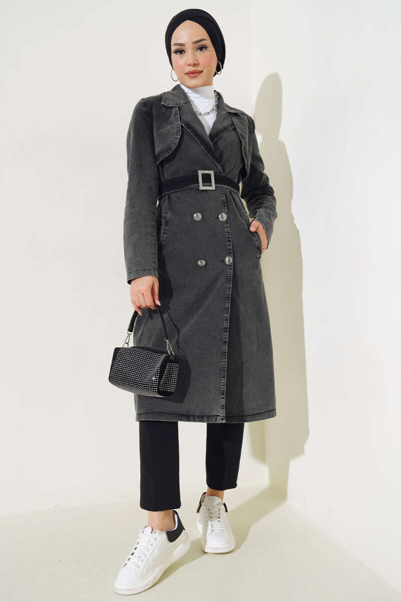 Belted Wrap Denim Trench Coat - Smoke Grey
