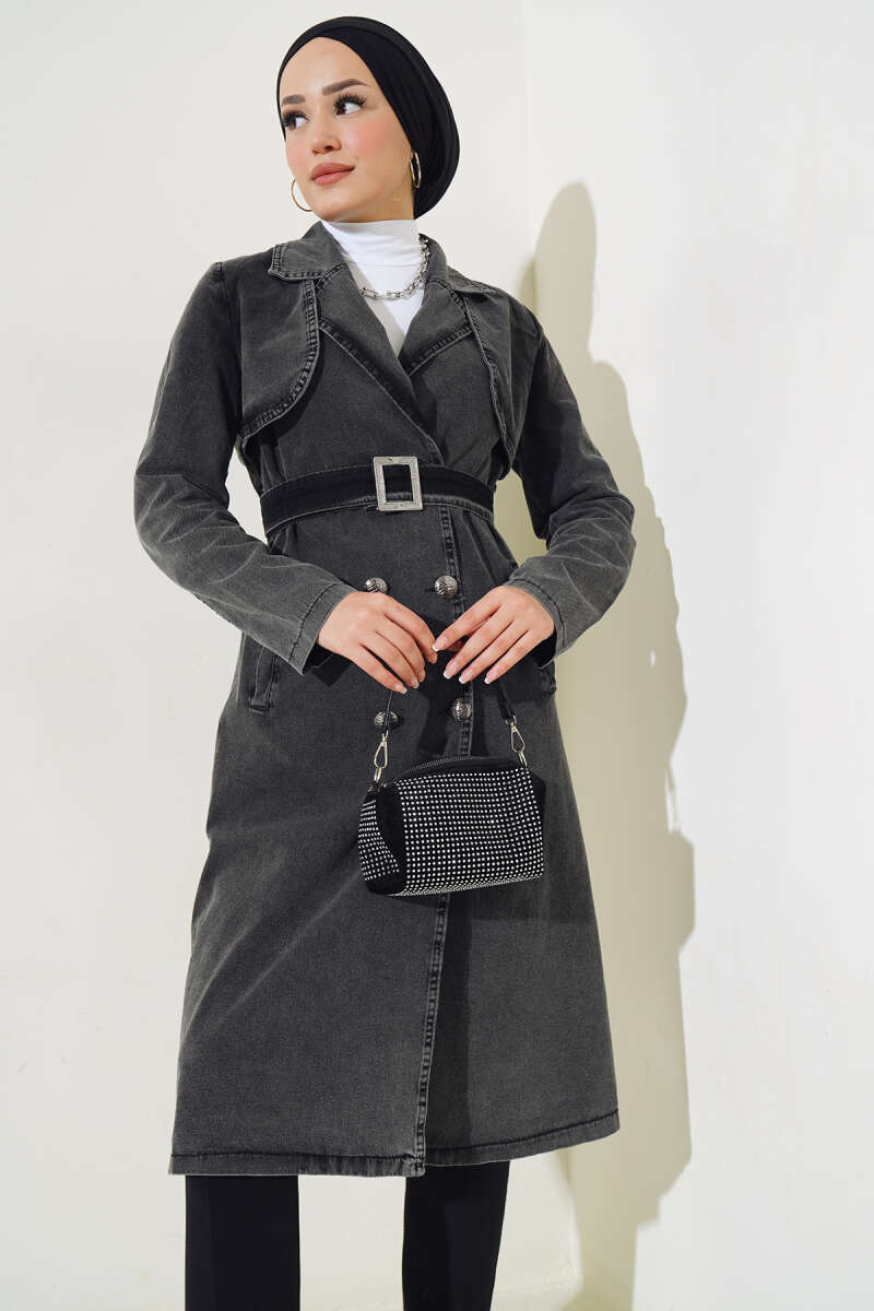 Belted Wrap Denim Trench Coat - Smoke Grey
