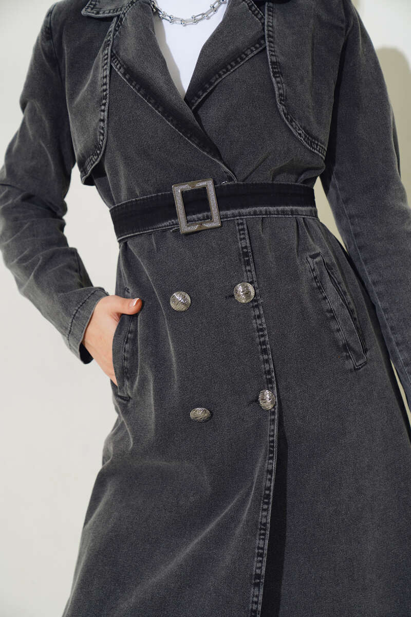 Belted Wrap Denim Trench Coat - Smoke Grey