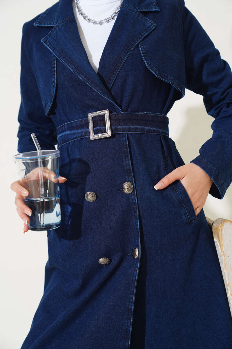Belted Wrap Denim Trench Coat - Classic Denim