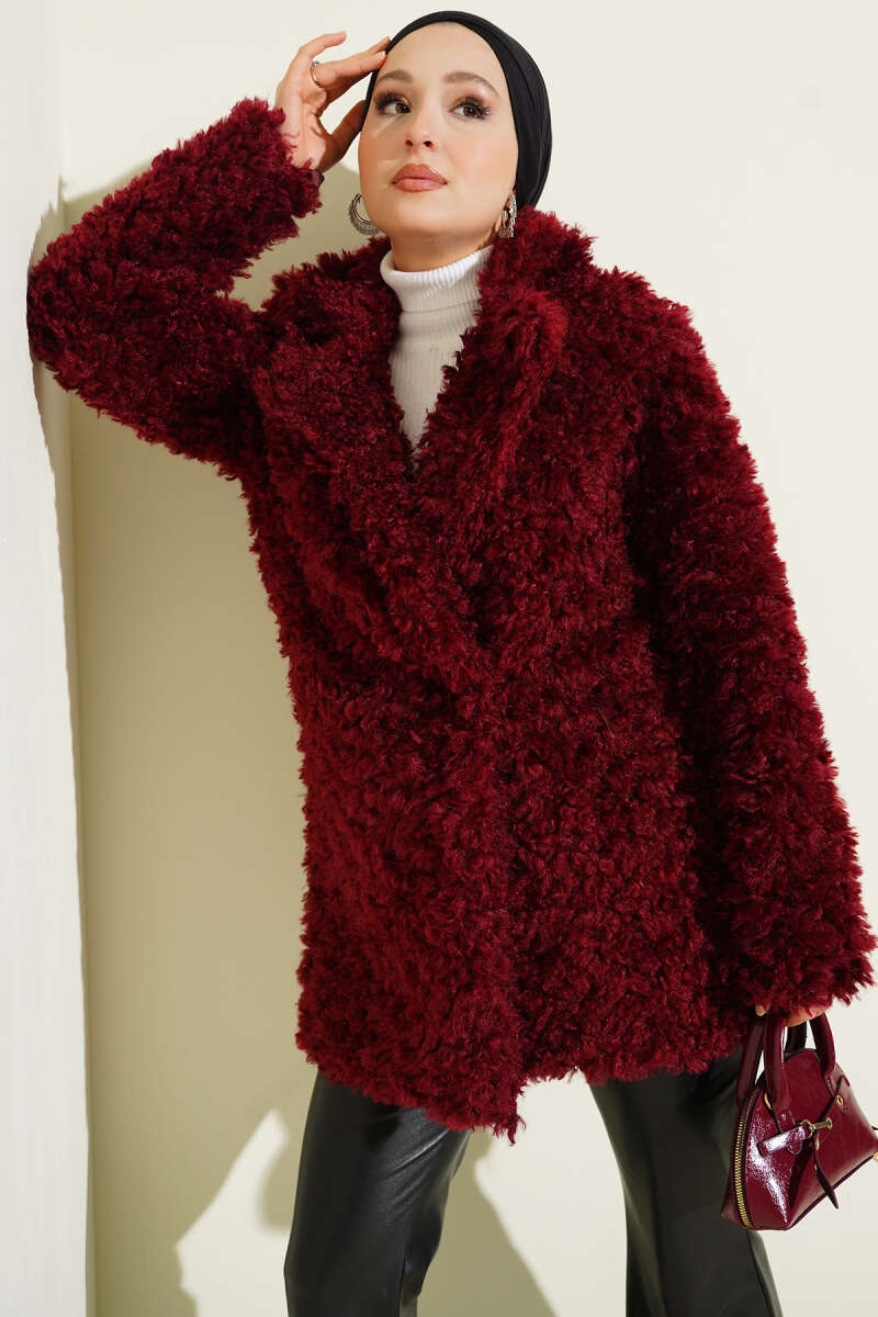 Double-Breasted Teddy Coat - Burgundy