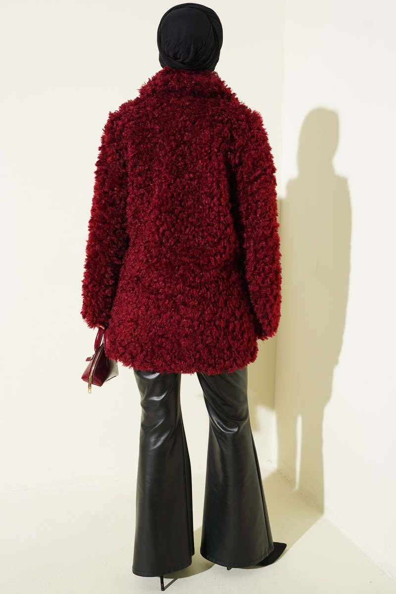 Double-Breasted Teddy Coat - Burgundy