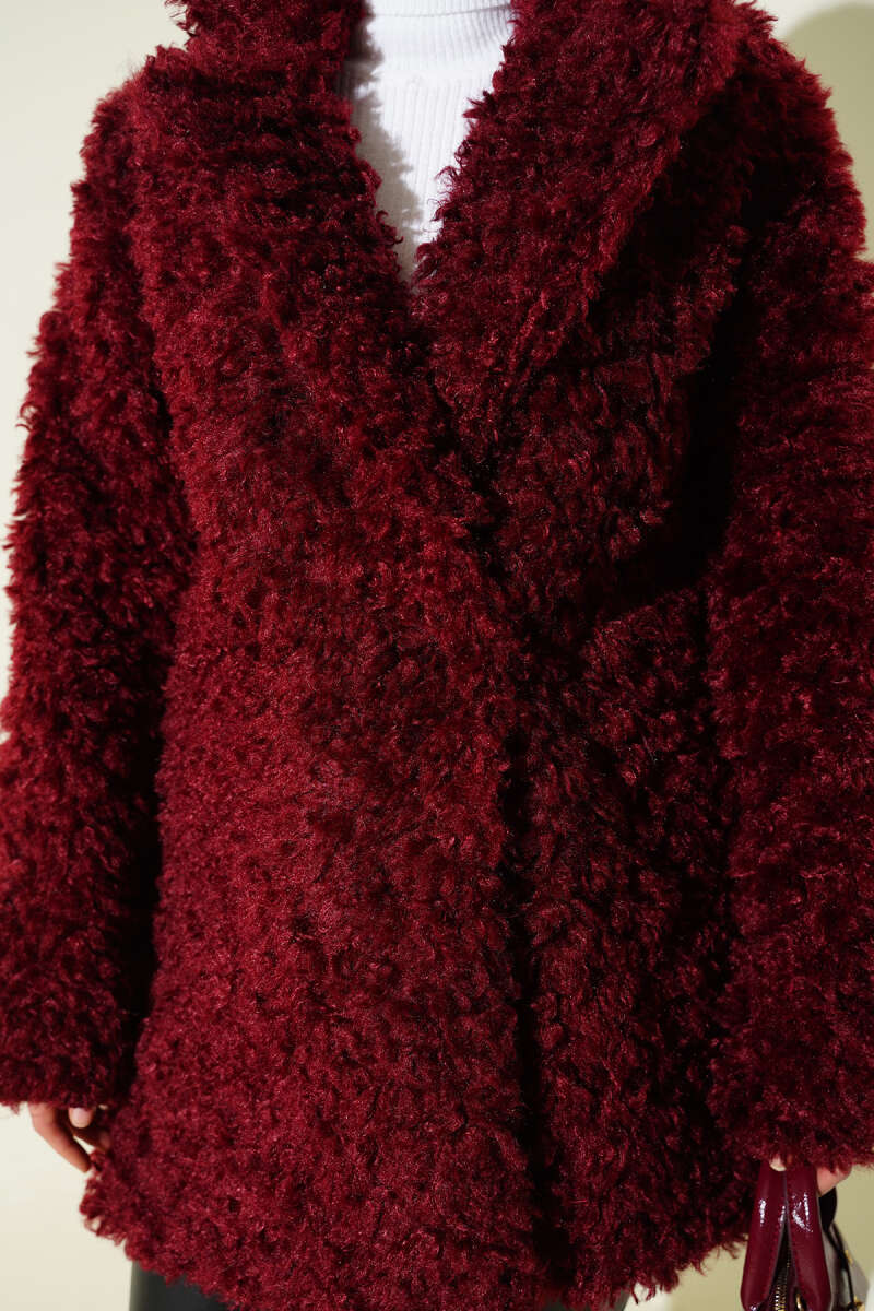 Double-Breasted Teddy Coat - Burgundy