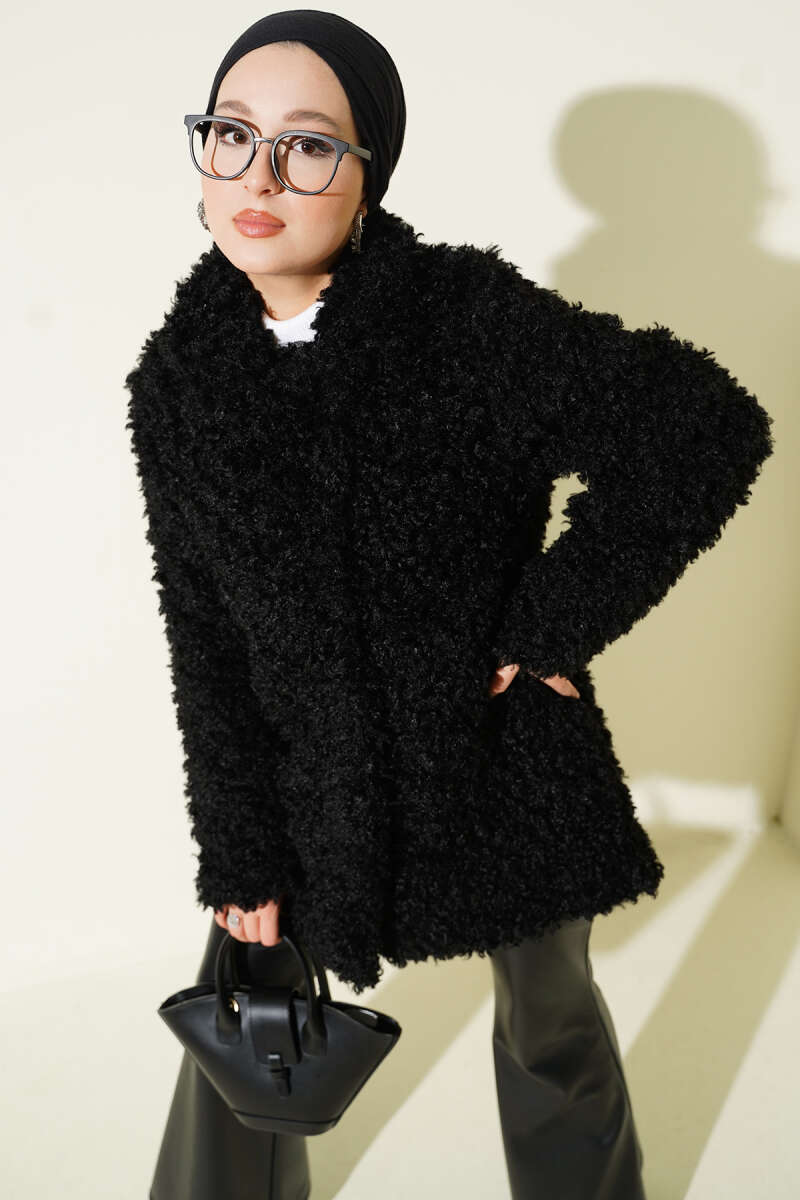 Double-Breasted Teddy Coat - Black
