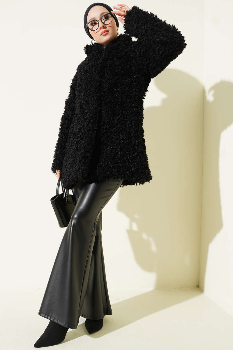 Double-Breasted Teddy Coat - Black