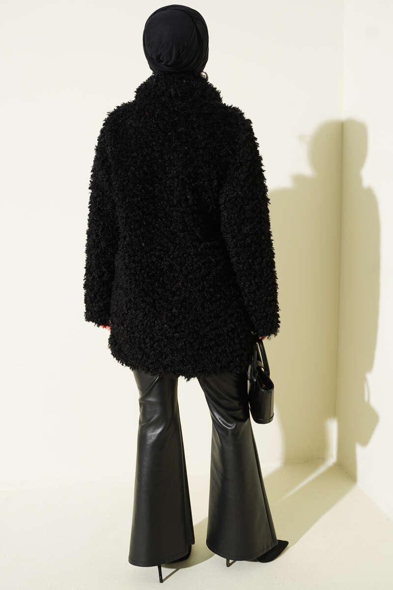Double-Breasted Teddy Coat - Black
