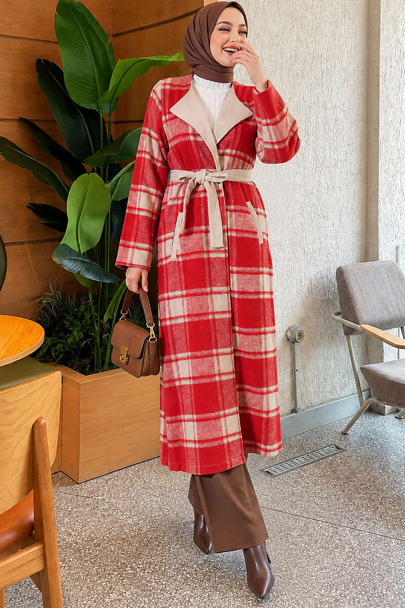 Double-Breasted Lumberjack Check Cape Coat - Red