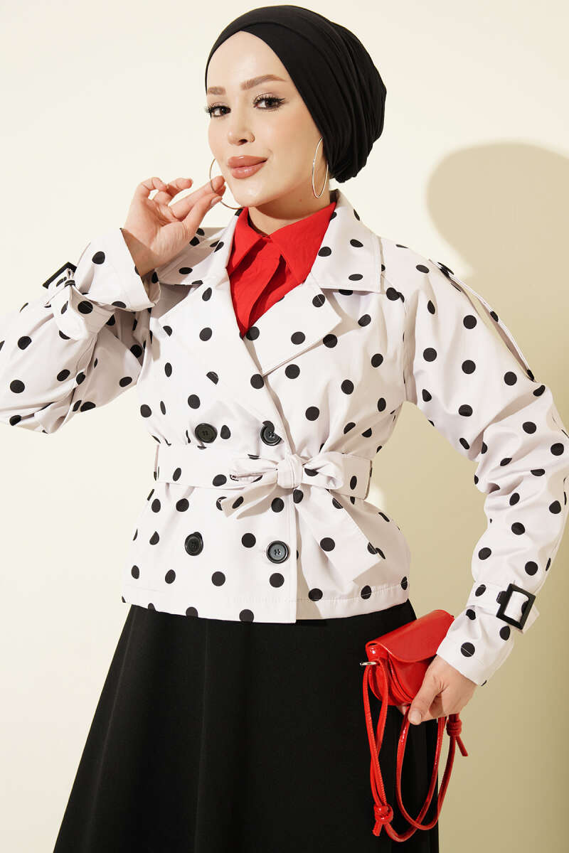 Short Double-Breasted Polka Dot Trench Coat - Stone