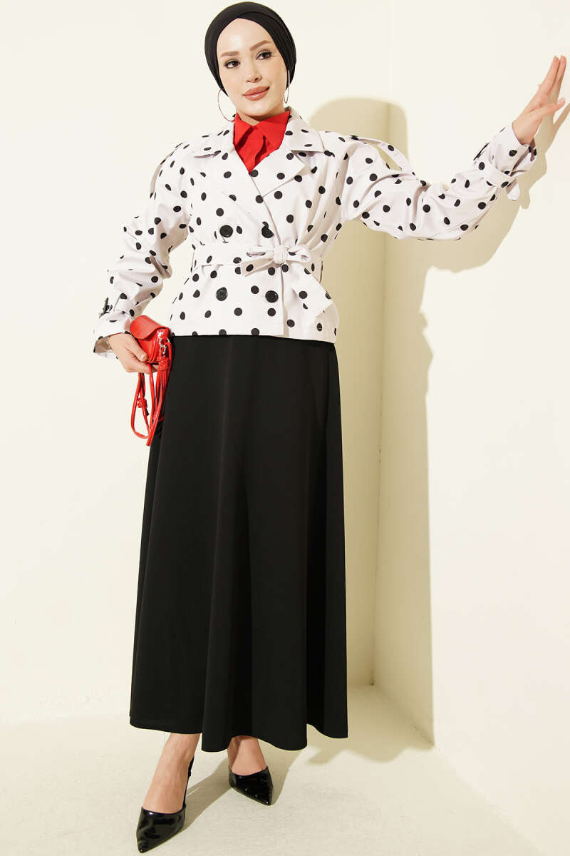 Short Double-Breasted Polka Dot Trench Coat - Stone