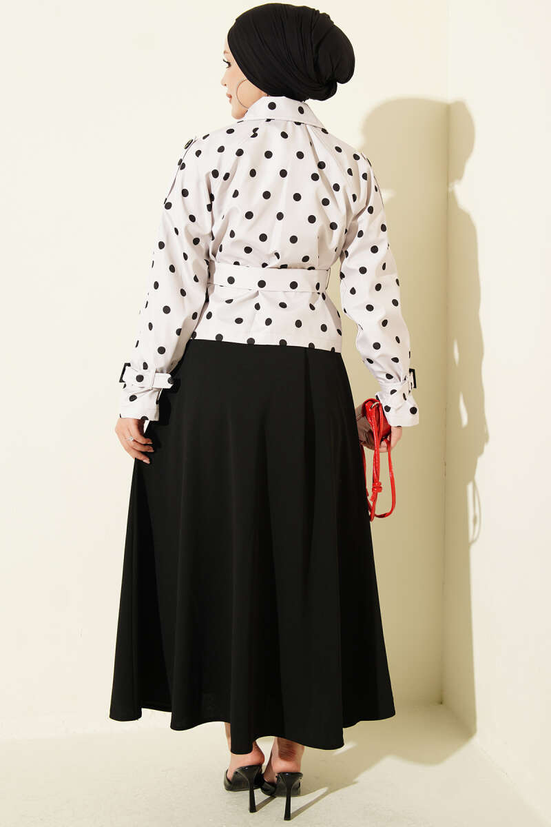 Short Double-Breasted Polka Dot Trench Coat - Stone