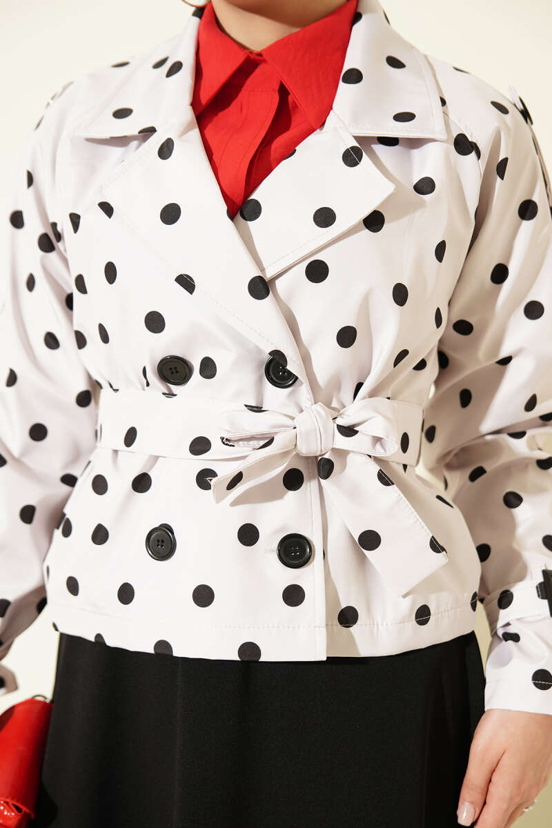 Short Double-Breasted Polka Dot Trench Coat - Stone
