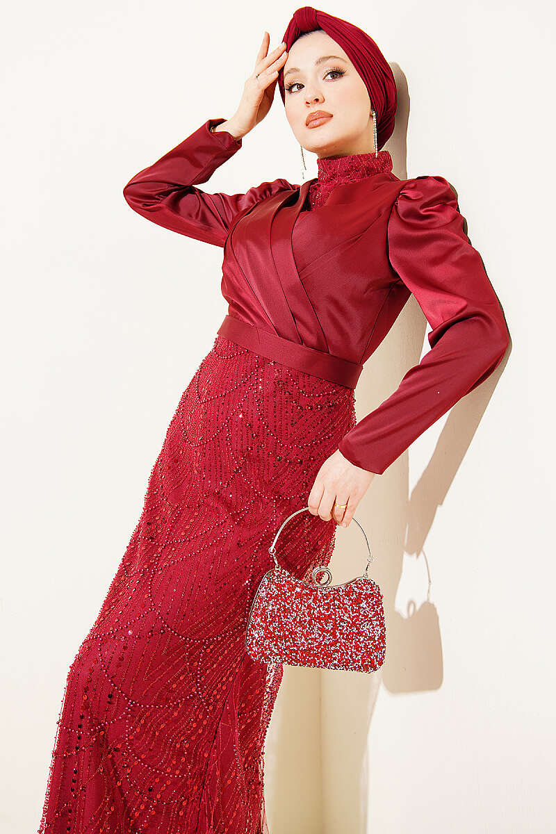 Wrap-Collar Sequin Evening Dress - Burgundy