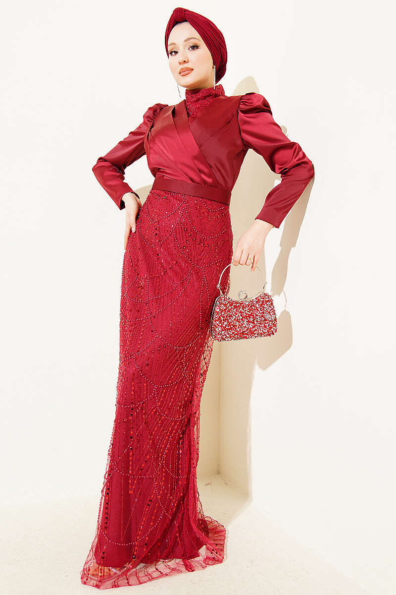 Wrap-Collar Sequin Evening Dress - Burgundy